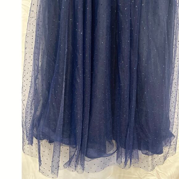 La Femme Sheer Fit & Flare Cocktail Dress Rhinestone Tulle Midnight Navy Blue - Picture 13 of 16